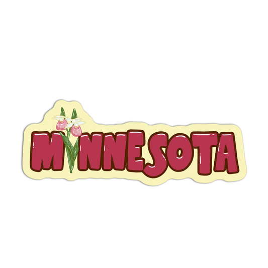 Shape of Minnesota with 'MINNESOTA' text and a flower on a white background