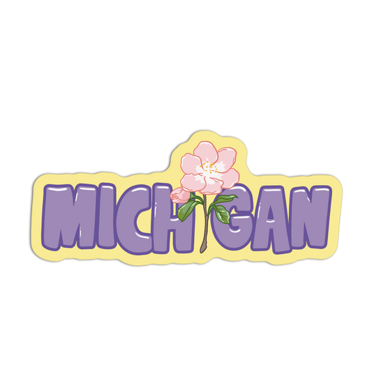 Sticker with 'MICHIGAN' text and a flower on a white background