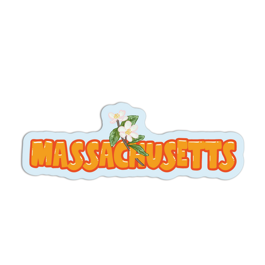 Sticker with 'MASSACHUSETTS' text and floral design on a white background