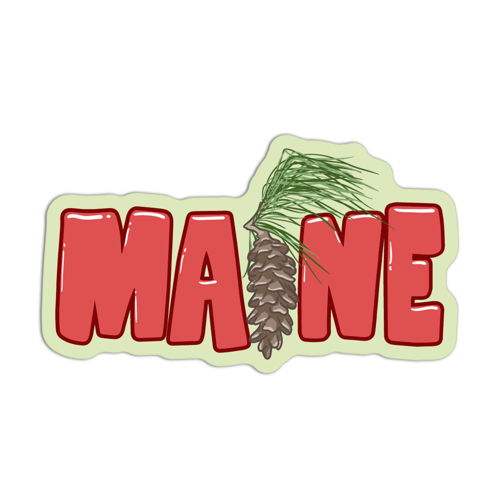 Sticker with 'MAINE' text and a pine cone on a white background