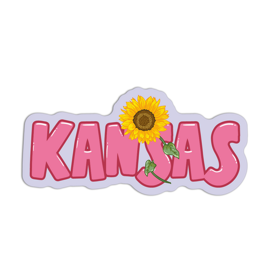 Sticker with 'KANSAS' in pink letters and a sunflower on a white background
