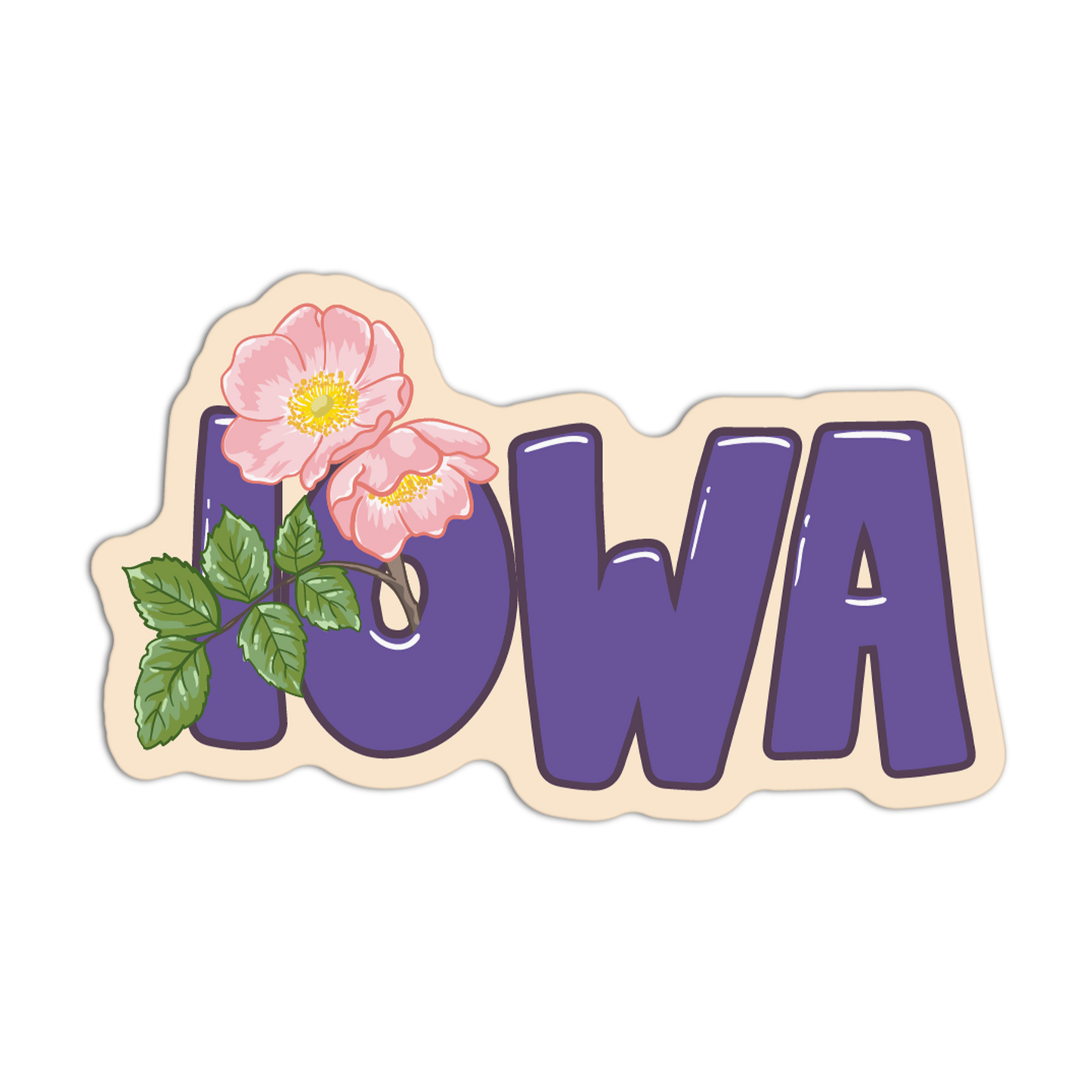Sticker with 'Iowa' text and a pink flower on a white background