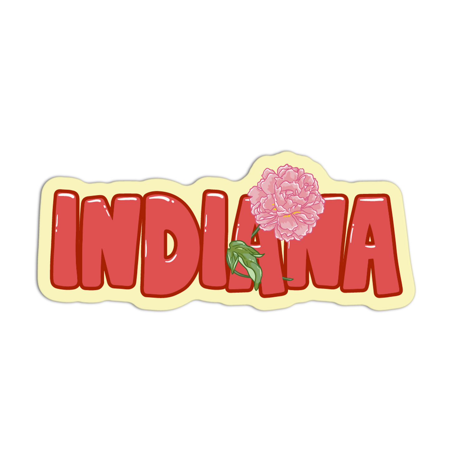 Sticker with 'INDIANA' text and a pink flower on a white background