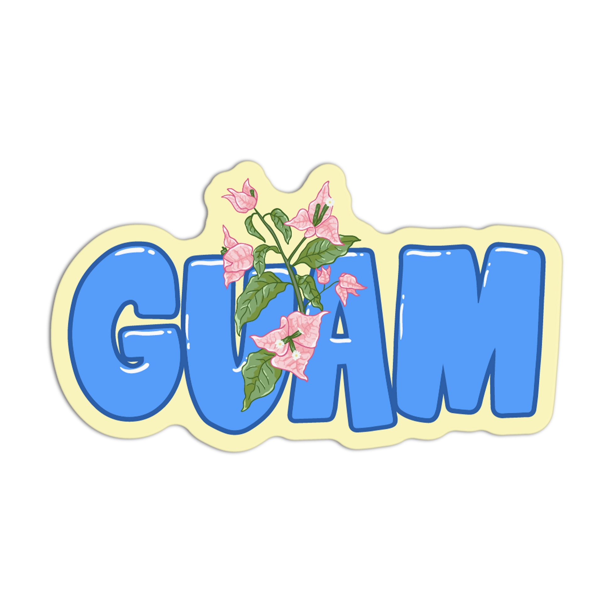Sticker with 'GUAM' text and floral design on a white background