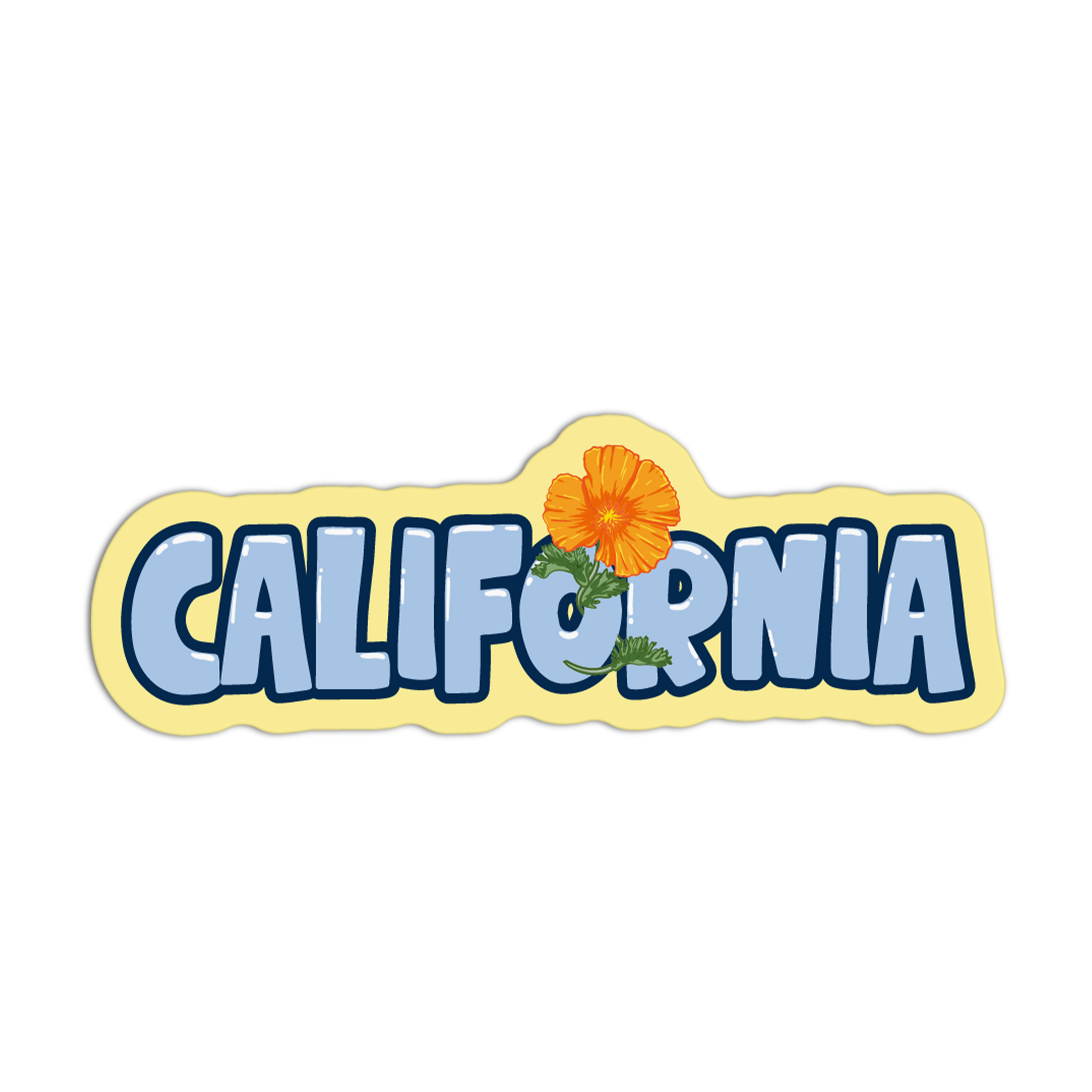Sticker with 'California' text and a marigold flower on a white background