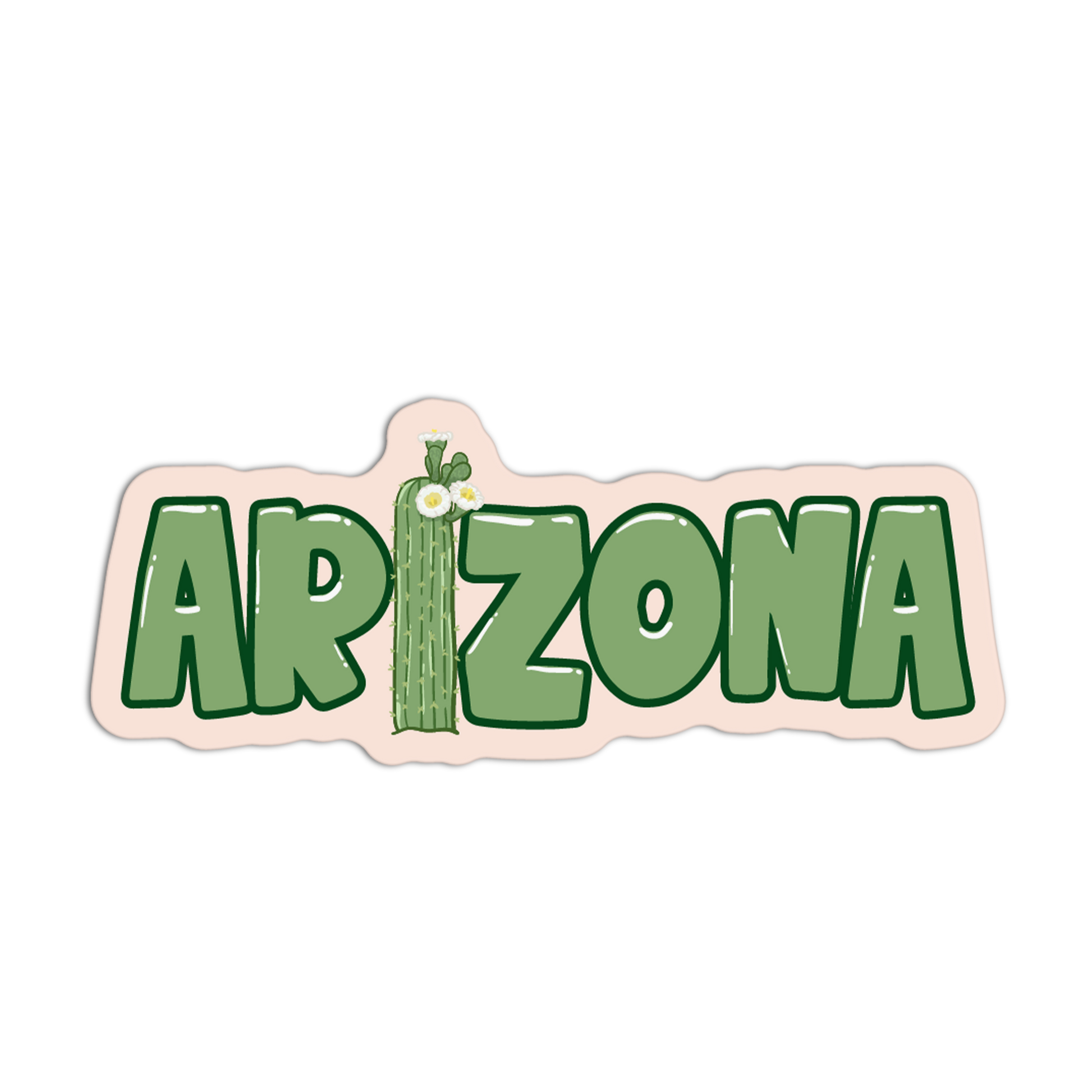 Sticker with 'Arizona' text featuring a cactus and flower on a white background