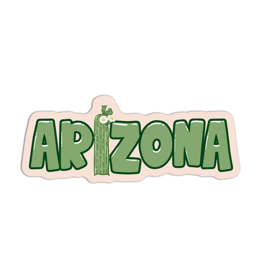 Sticker with 'Arizona' text featuring a cactus and flower on a white background