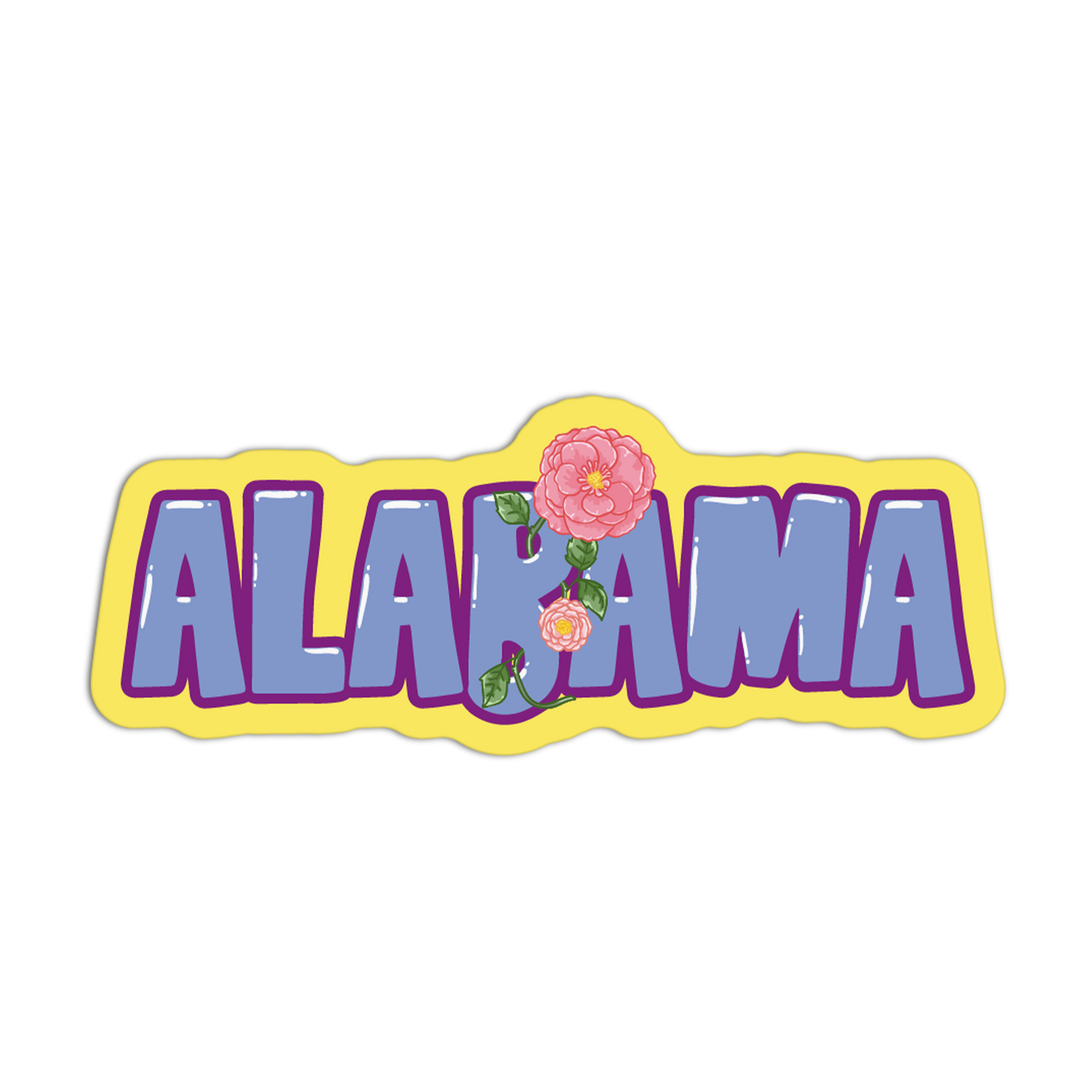 Stylized 'Alabama' text with flowers on a white background