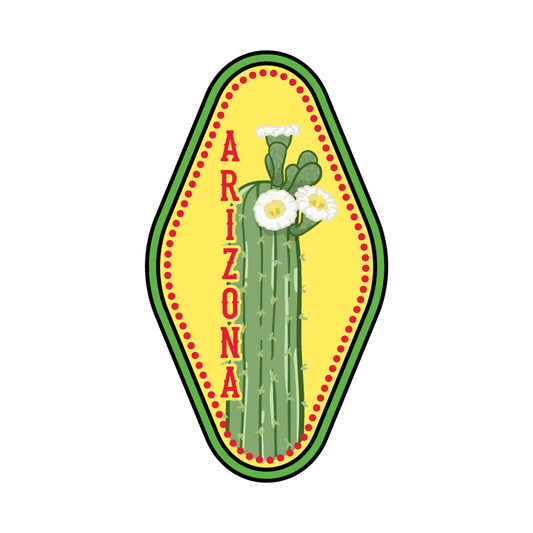 Vintage-style Arizona cactus and flower logo on a yellow background