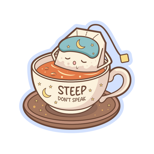 Illustration of a tea bag in a cup with 'Steep Don't Speak' text on a white background