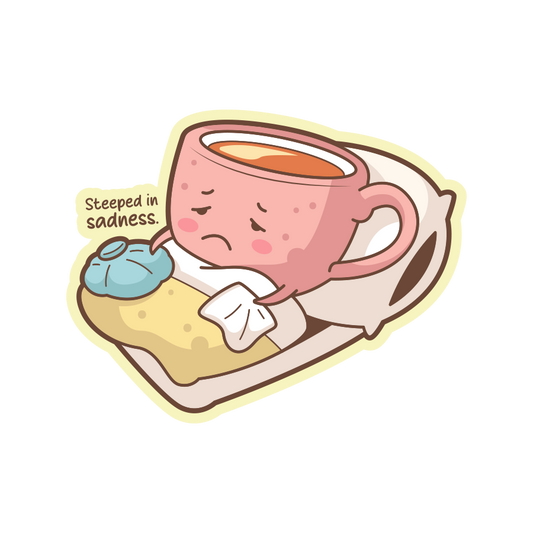Cartoon cup of tea with a sad expression and a blue teabag labeled 'Steeped in sadness' on a white background.