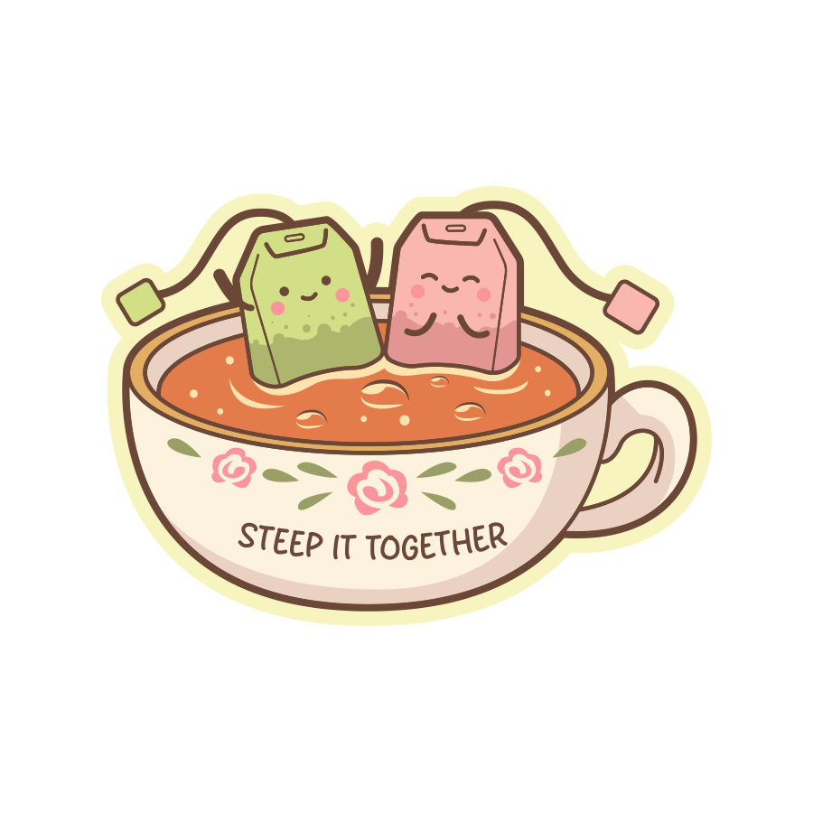 Illustration of a teacup with cute tea bags and 'Steep It Together' text on a white background