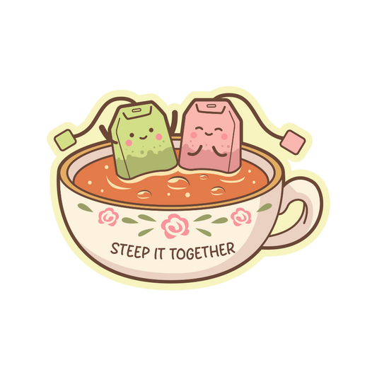 Illustration of a teacup with cute tea bags and 'Steep It Together' text on a white background