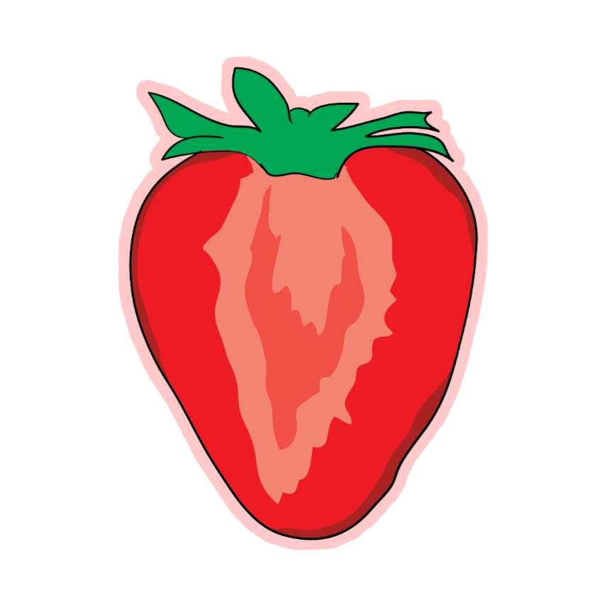 Illustration of a red strawberry with a green leaf on a white background