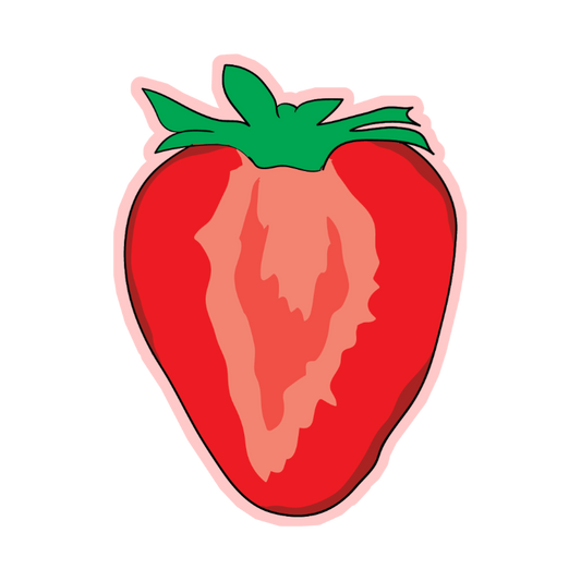 Illustration of a red strawberry with a green leaf on a white background