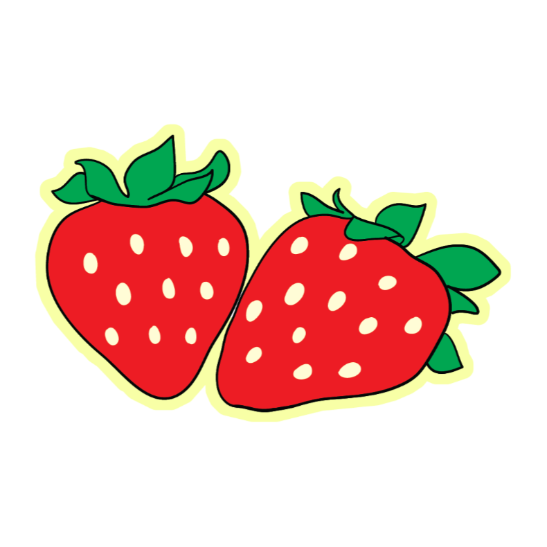 Two cartoon strawberries with green leaves on a white background