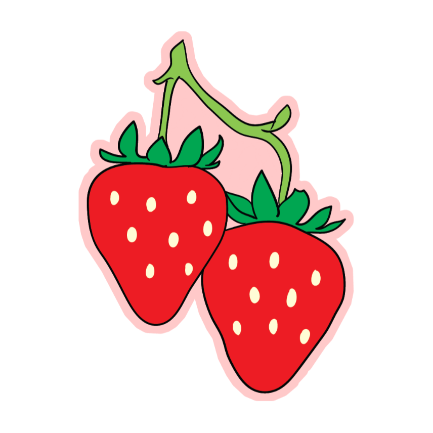 Two red strawberries with green leaves on a white background