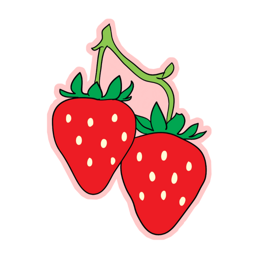 Two red strawberries with green leaves on a white background