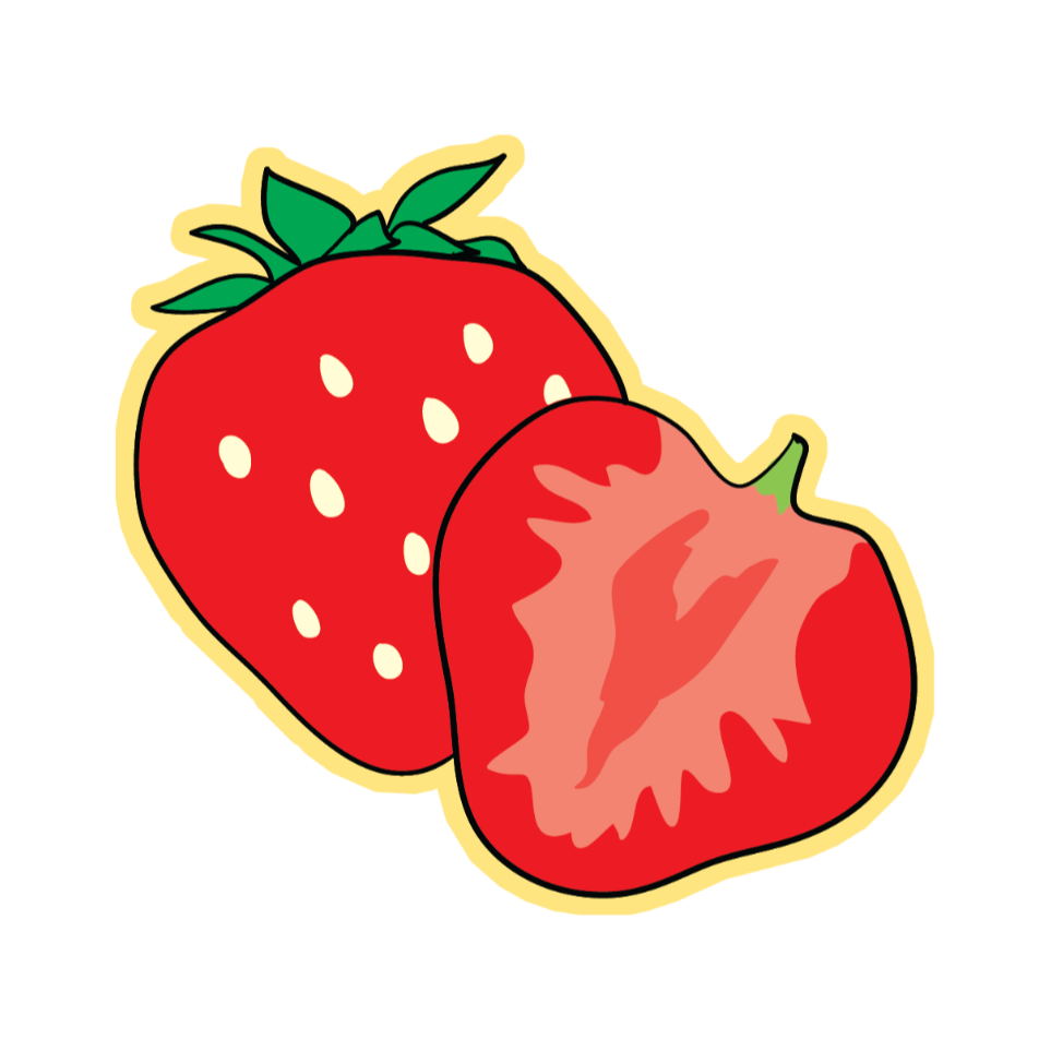 Illustration of a whole strawberry and a sliced strawberry on a white background