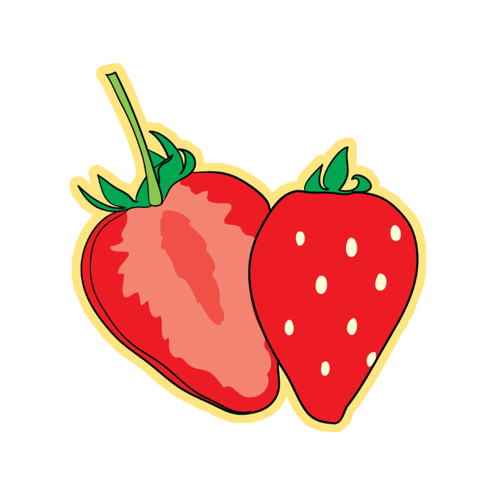 Two cartoon strawberries with green stems on a white background