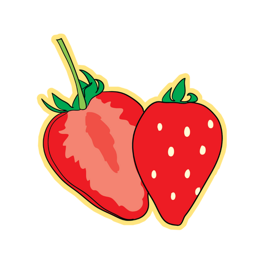 Two cartoon strawberries with green stems on a white background