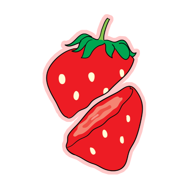 Illustration of a strawberry with a bite taken out on a white background