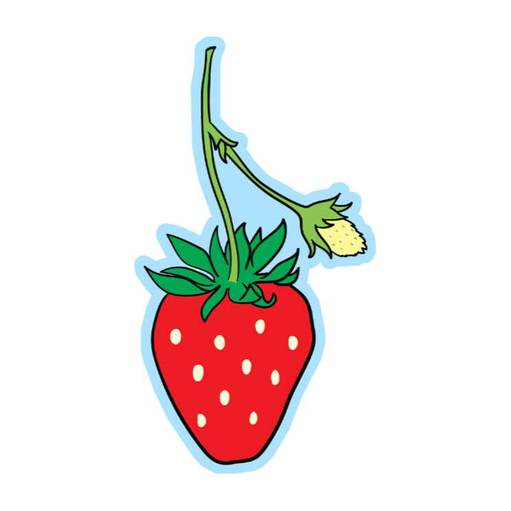 Cartoon-style strawberry with a blue border on a white background