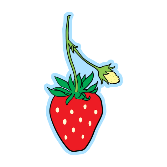 Cartoon-style strawberry with a blue border on a white background