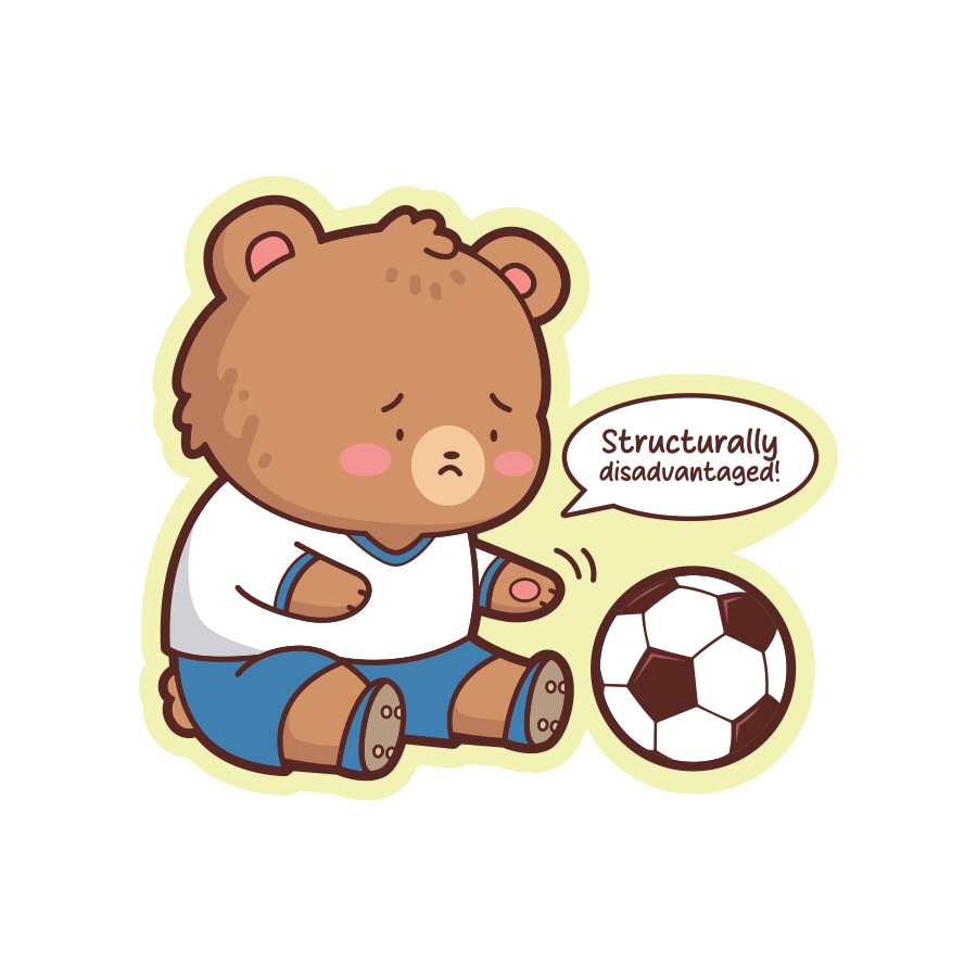 Cartoon bear in sports uniform with soccer ball and speech bubble on white background