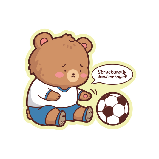 Cartoon bear in sports uniform with soccer ball and speech bubble on white background