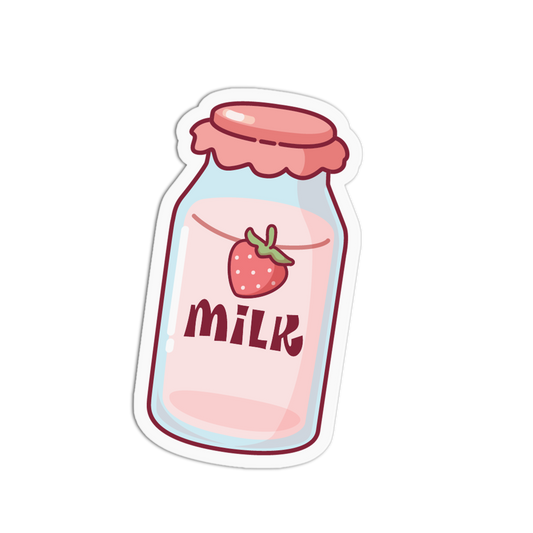 A cute cartoon milk bottle sticker with a pink lid, a strawberry illustration, and the word 'milk' on a white background.