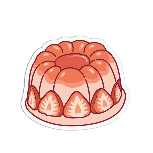 A die-cut sticker featuring a cute cartoon illustration of a strawberry gelatin dessert, shown on a plain white background.