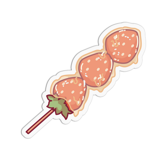 A die-cut sticker depicting three glazed strawberry skewers (tanuki tangura) on a stick, shown on a plain white background.