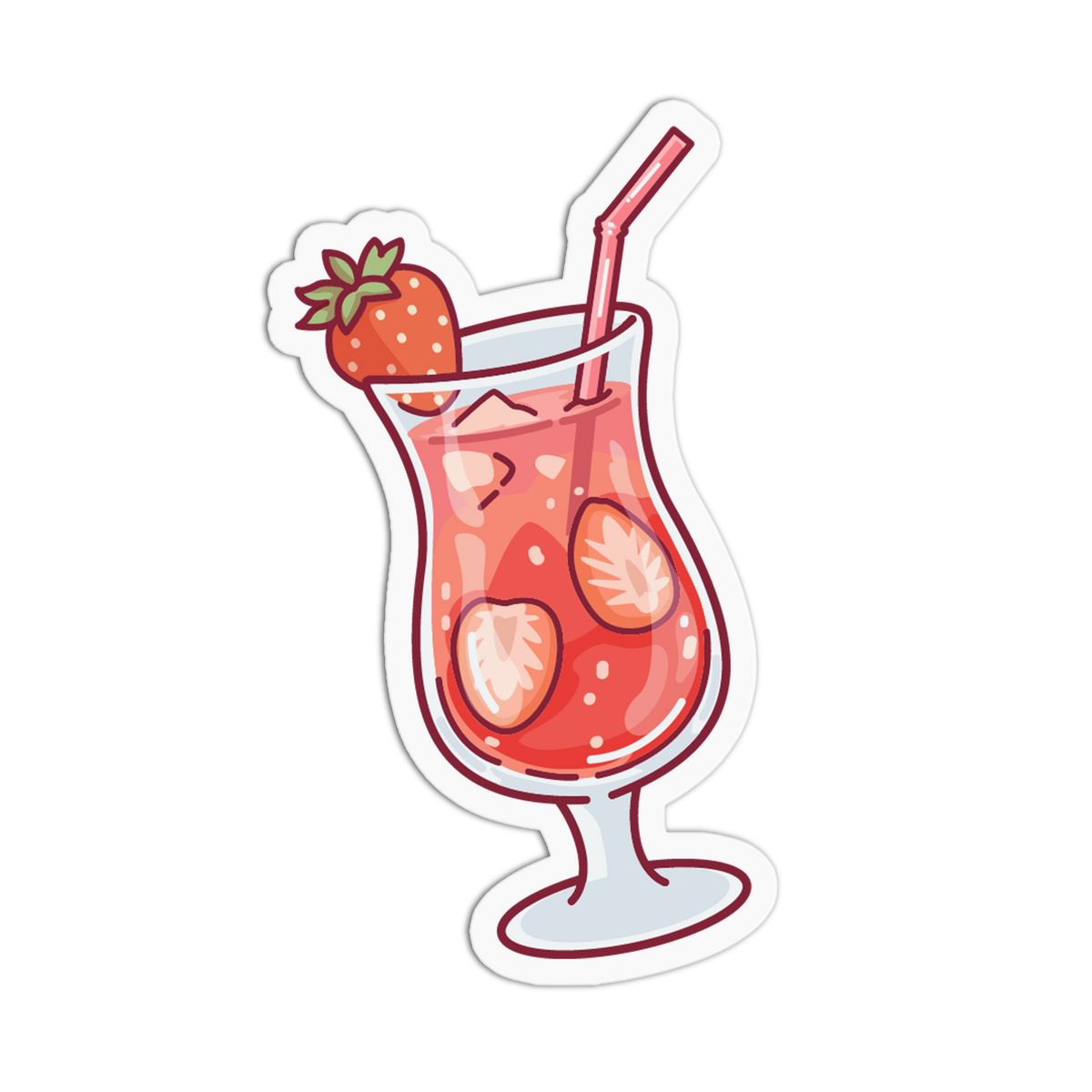 A die-cut sticker featuring a cartoon illustration of a pink strawberry cocktail in a glass with a straw, shown on a plain white background.
