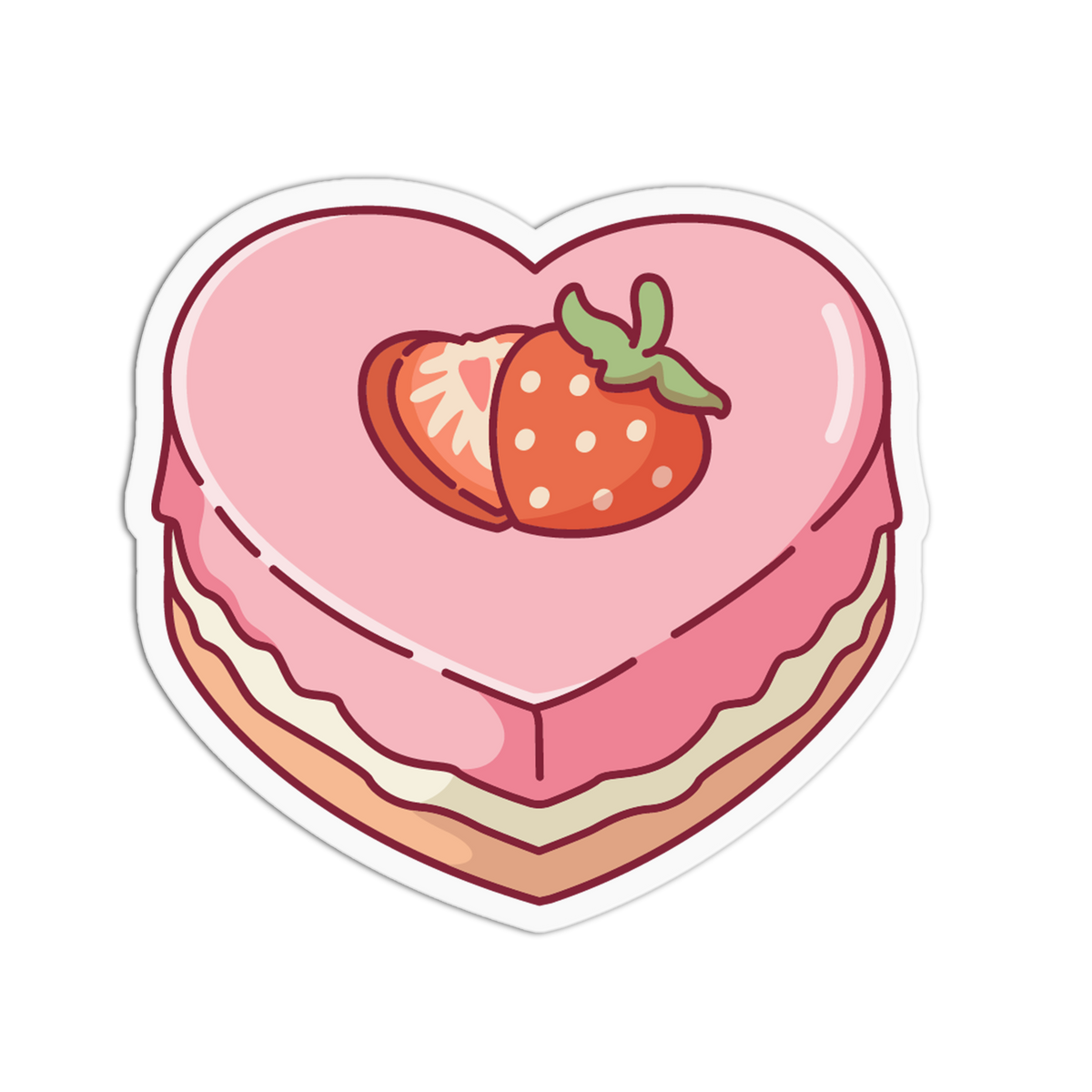 A heart-shaped sticker or decal featuring a cute cartoon illustration of a pink frosted cake topped with a strawberry, shown on a plain white background.