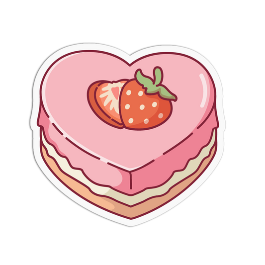 A heart-shaped sticker or decal featuring a cute cartoon illustration of a pink frosted cake topped with a strawberry, shown on a plain white background.