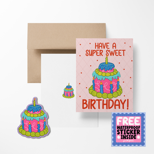 Birthday card with cake illustration and free sticker offer, featuring a pink envelope.