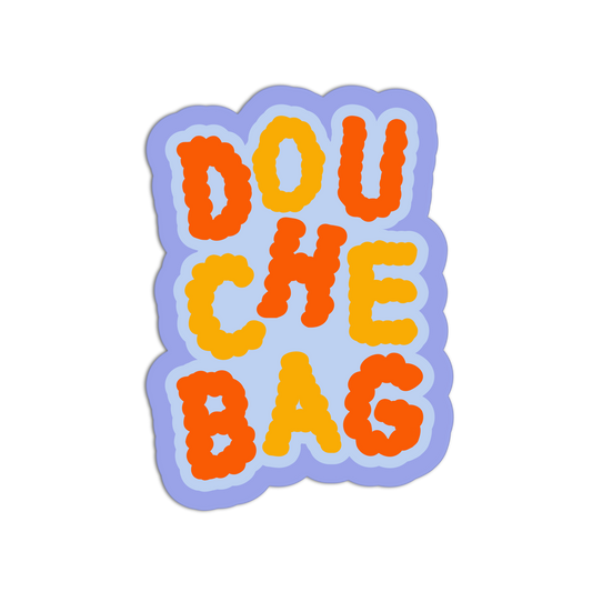 Sticker with colorful text 'DOUCHE BAG' on a white background