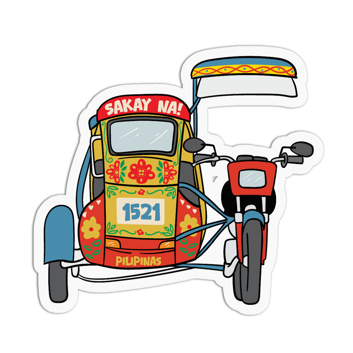 A die-cut sticker featuring a colorful illustration of a Filipino tricycle (rice cart) with floral patterns, the text 'SAKAY NA!' on top, and 'PILIPINAS' on the front bumper, shown on a plain white background.