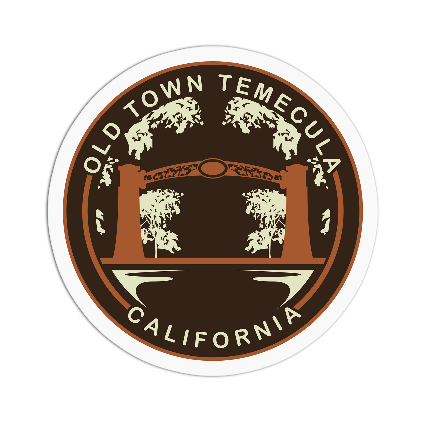 Round sticker with 'Old Town Temecula, California' text and decorative arch design on a white background