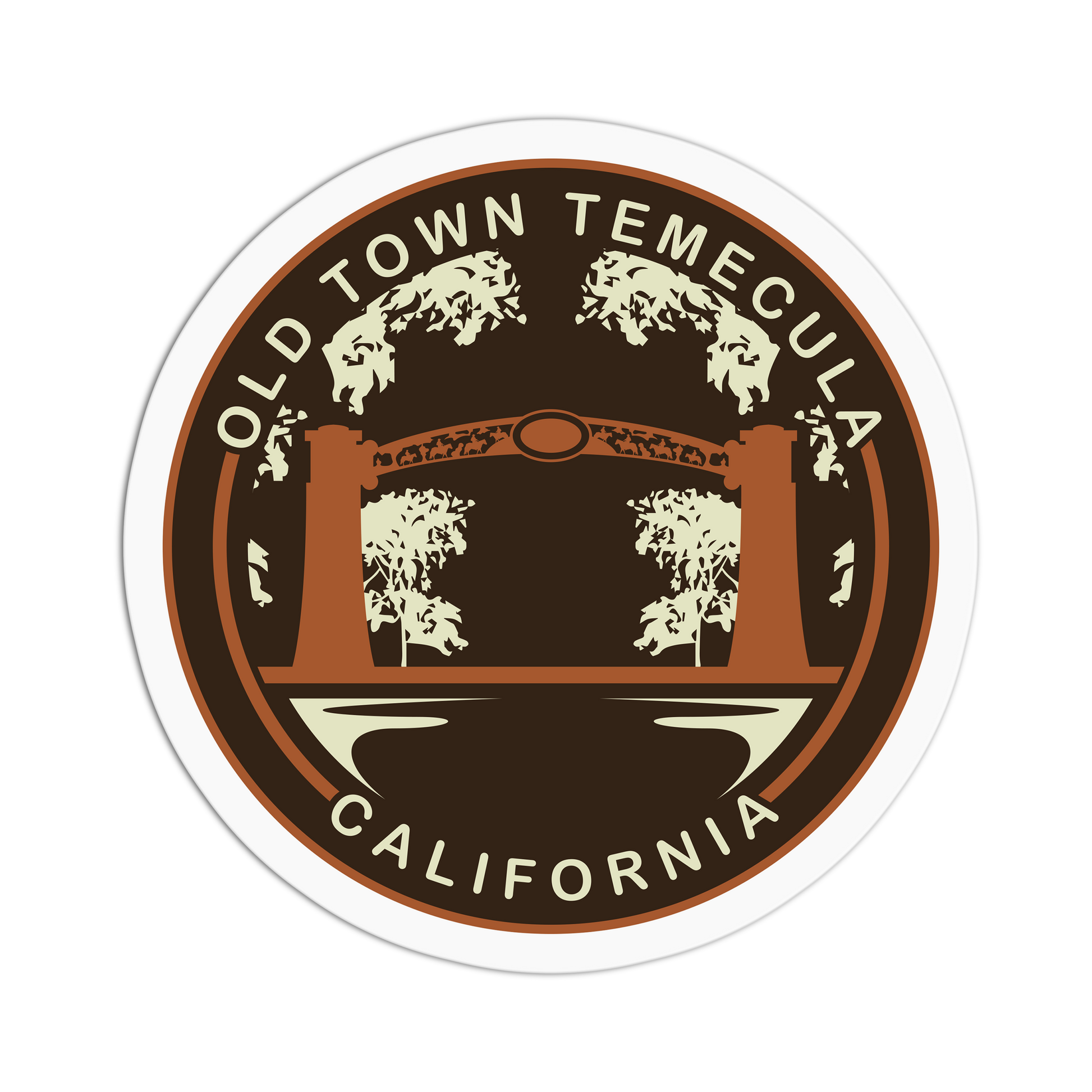Round sticker with 'Old Town Temecula, California' text and decorative arch design on a white background