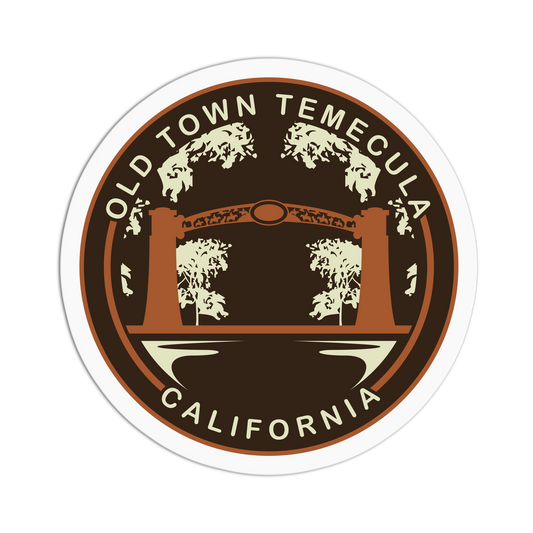 Round sticker with 'Old Town Temecula, California' text and decorative arch design on a white background