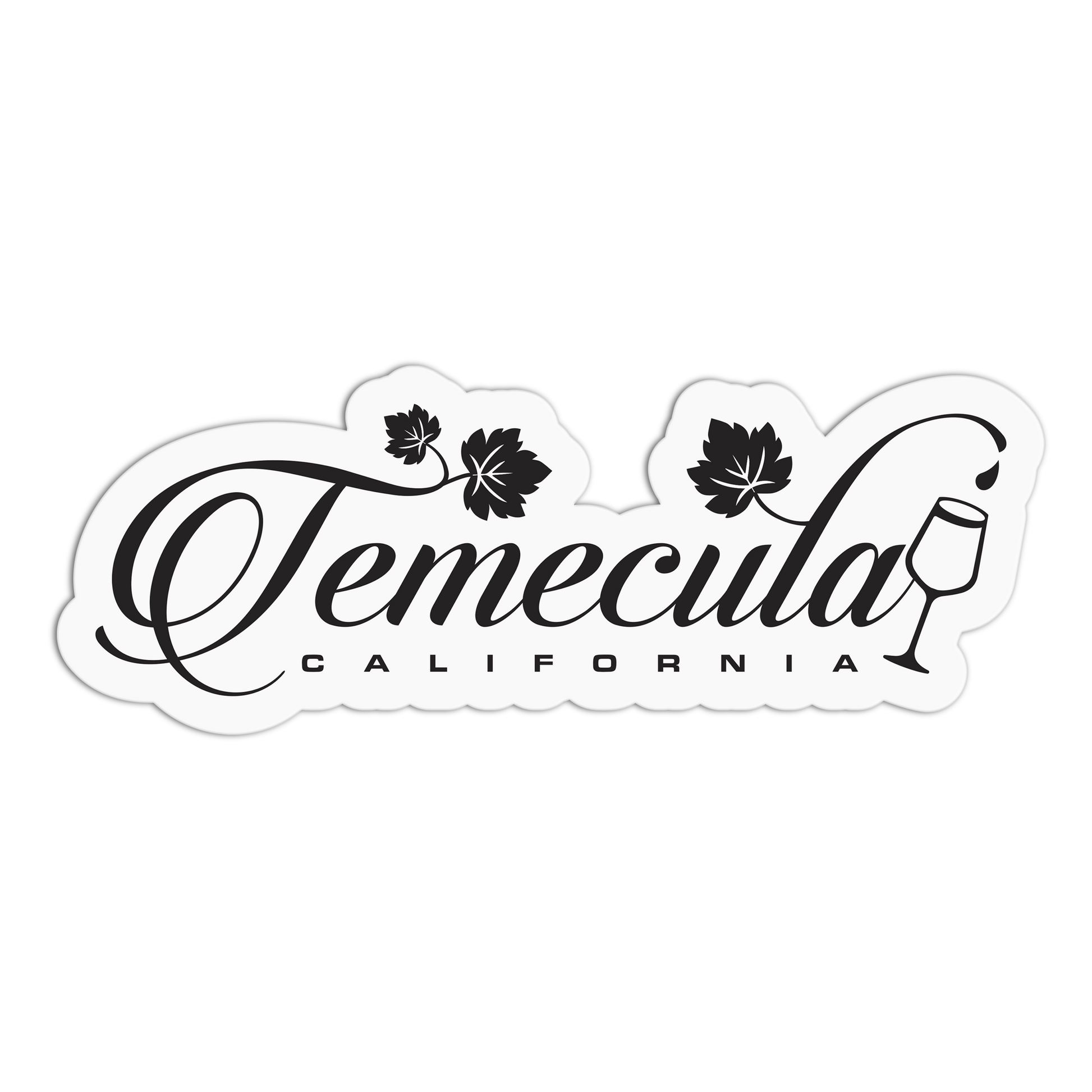 Sticker with 'Temecula California' text featuring floral and wine glass designs on a white background