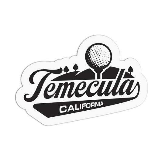 Sticker with 'Temecula California' text and golf ball design on a white background
