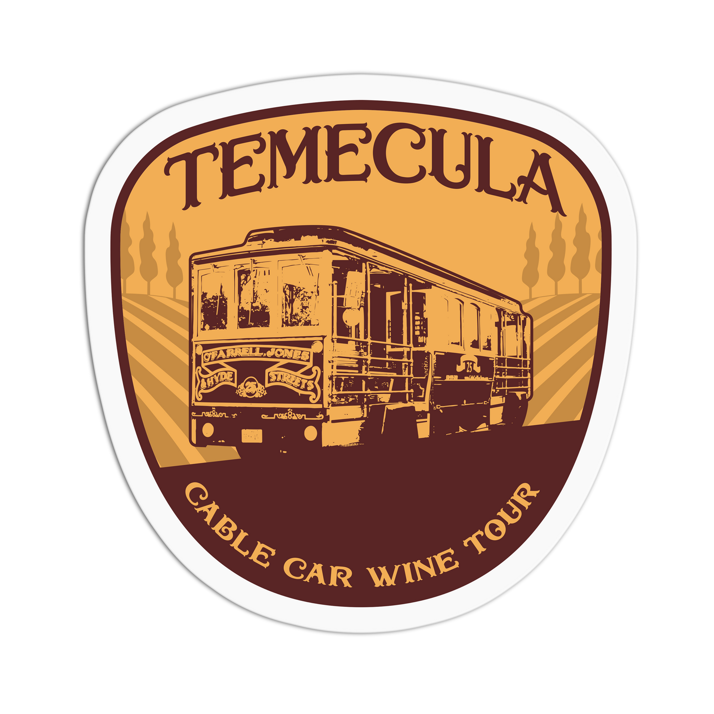 Logo for Temecula Cable Car Wine Tour featuring a cable car illustration on a yellow and brown background.