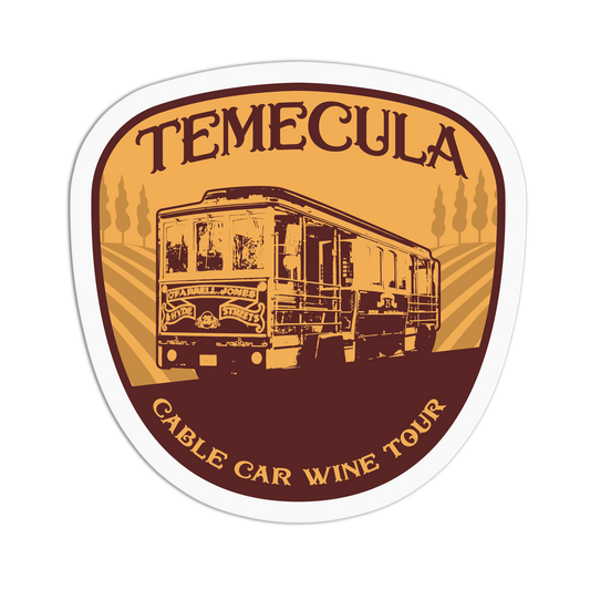 Logo for Temecula Cable Car Wine Tour featuring a cable car illustration on a yellow and brown background.