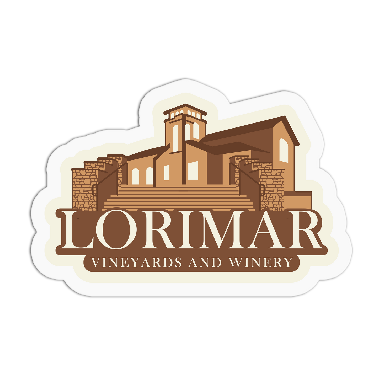 Logo of Lorimar Vineyards and Winery with a building illustration on a white background