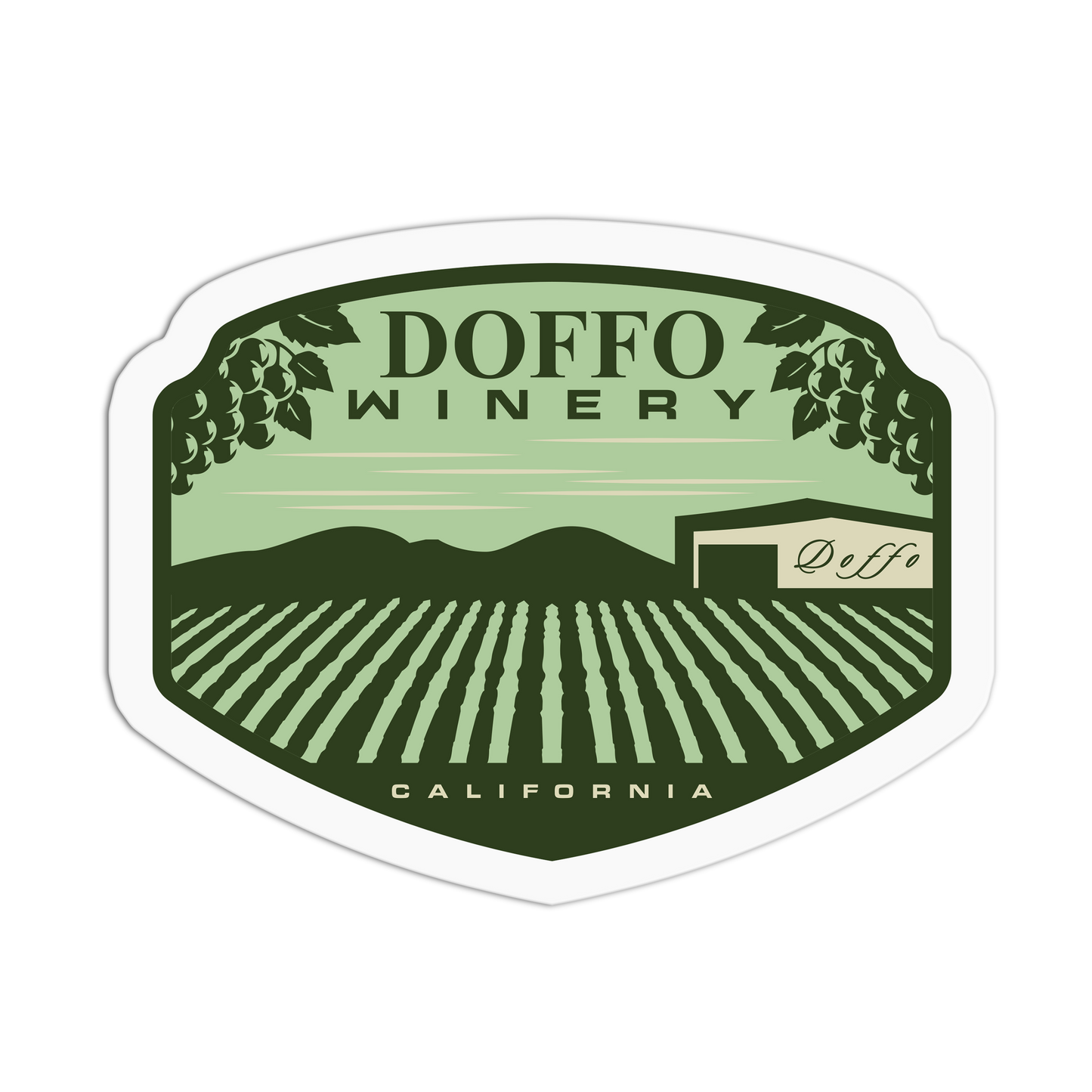 Doffo Winery logo with vineyard and winery building design on a green background