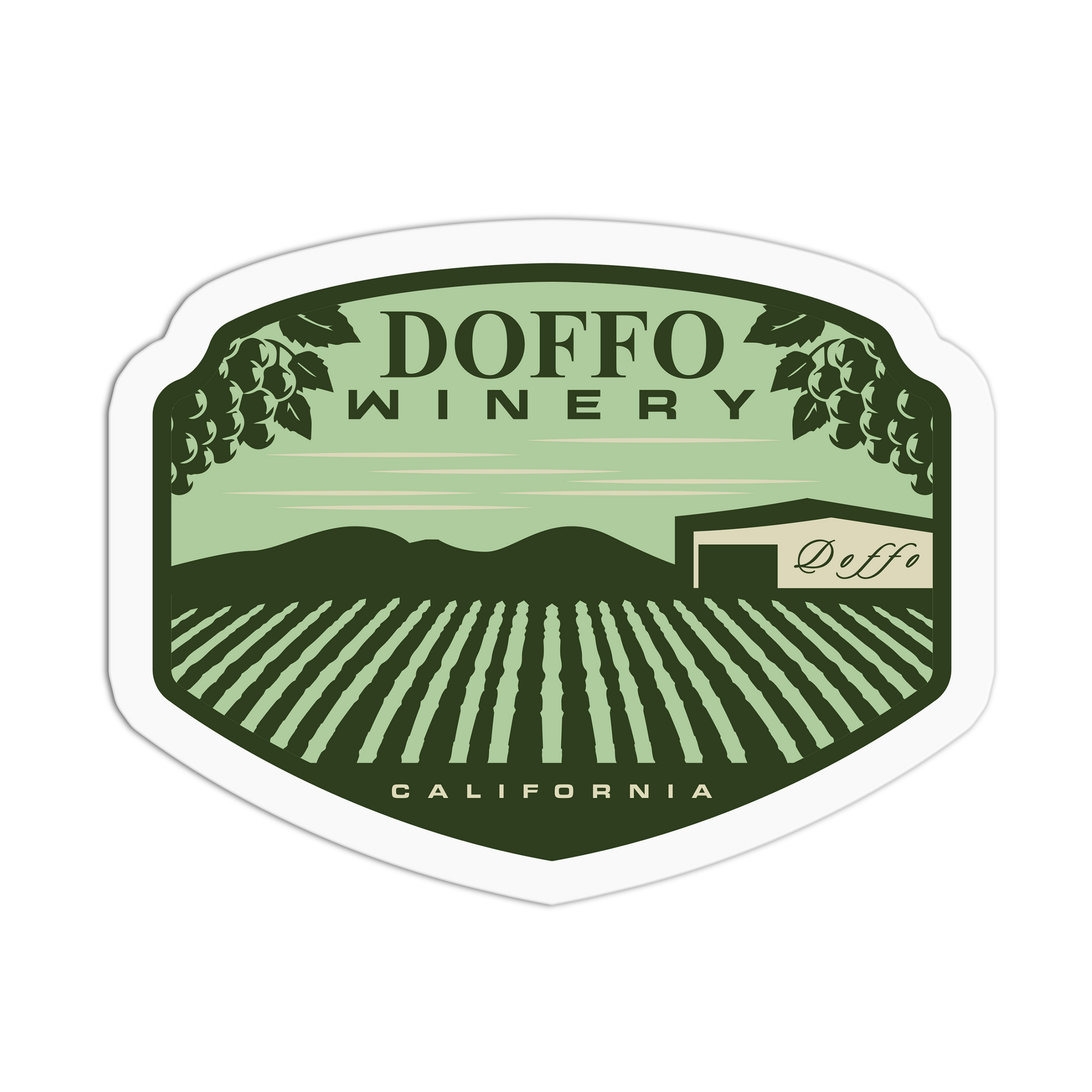Doffo Winery logo with vineyard and winery building design on a green background