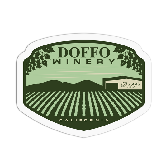 Doffo Winery logo with vineyard and winery building design on a green background
